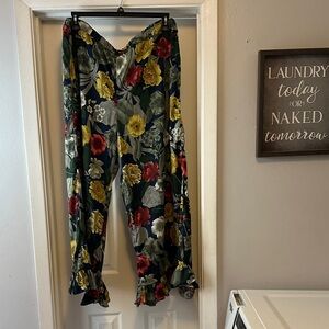 Wide Leg Floral Print Pants - Yellow & Red Floral